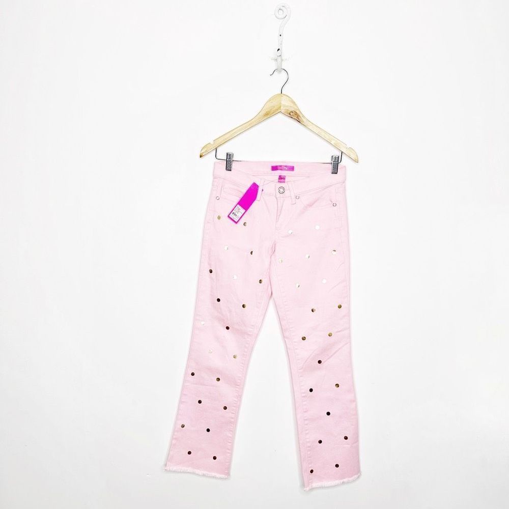 LILLY PULITZER SOUTH OCEAN CROP FLARE PINK TROPICS POLKA DOT JEAN 2 NWT